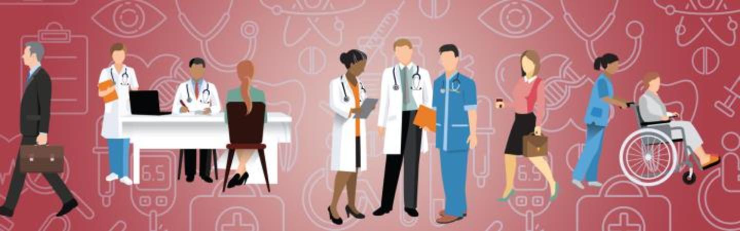 A diverse group of animated people, in business suits and medical suits. One person is on a wheelchair